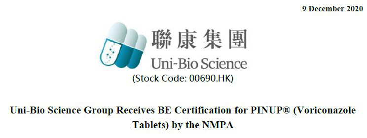 Uni-Bio Science Group Receives BE Certification for PINUP® (Voriconazole Tablets) by the NMPA